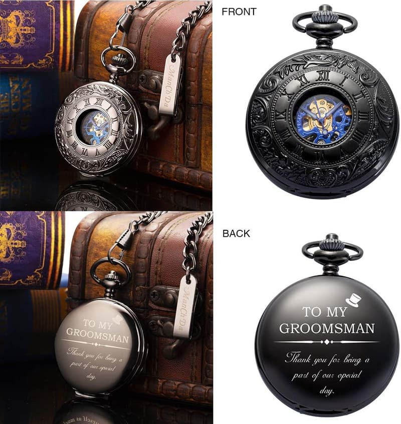 Best Man Wedding Pocket Watch - Engraved Skeleton Design