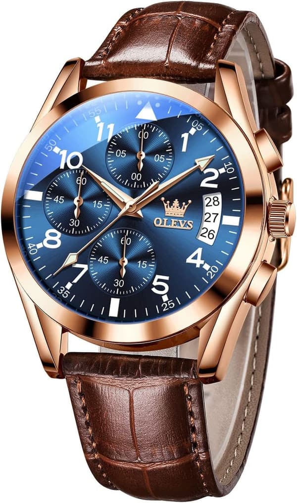 Men's Chronograph Leather Watch, Waterproof & Luminous Dial
