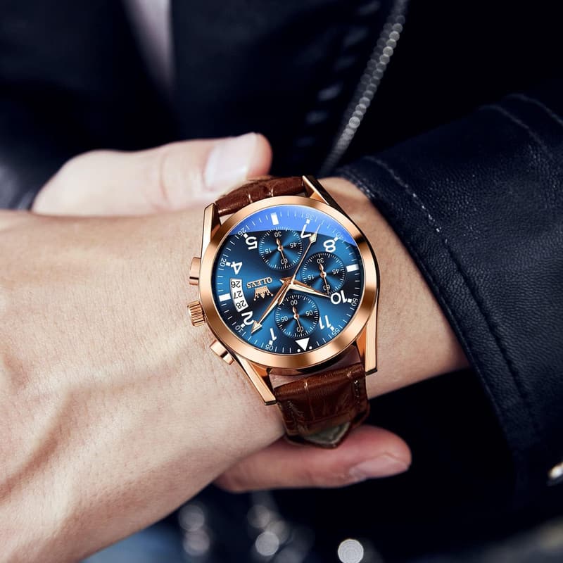 Men's Chronograph Leather Watch, Waterproof & Luminous Dial