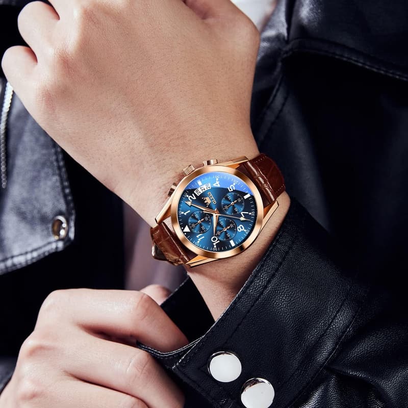 Men's Chronograph Leather Watch, Waterproof & Luminous Dial