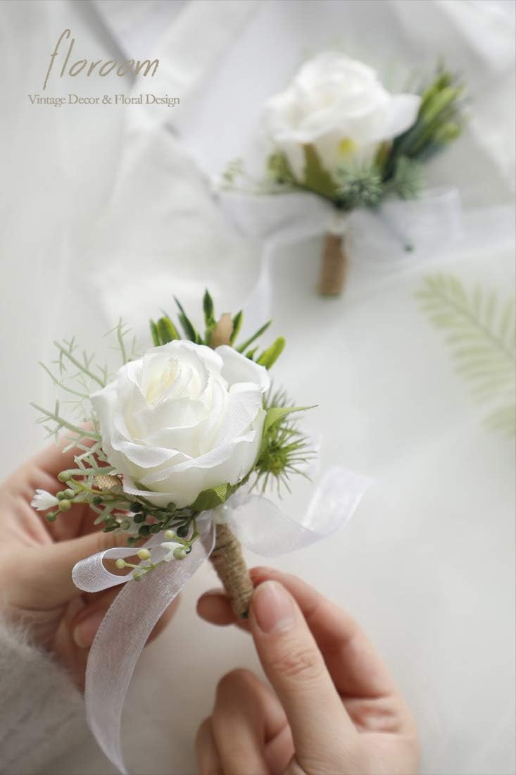 Set of 6 Ivory Rose Boutonnieres for Groomsmen
