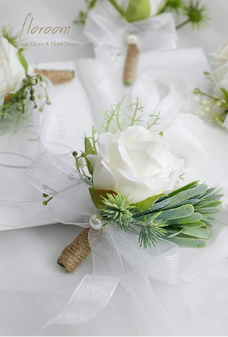 Set of 6 Ivory Rose Boutonnieres for Groomsmen