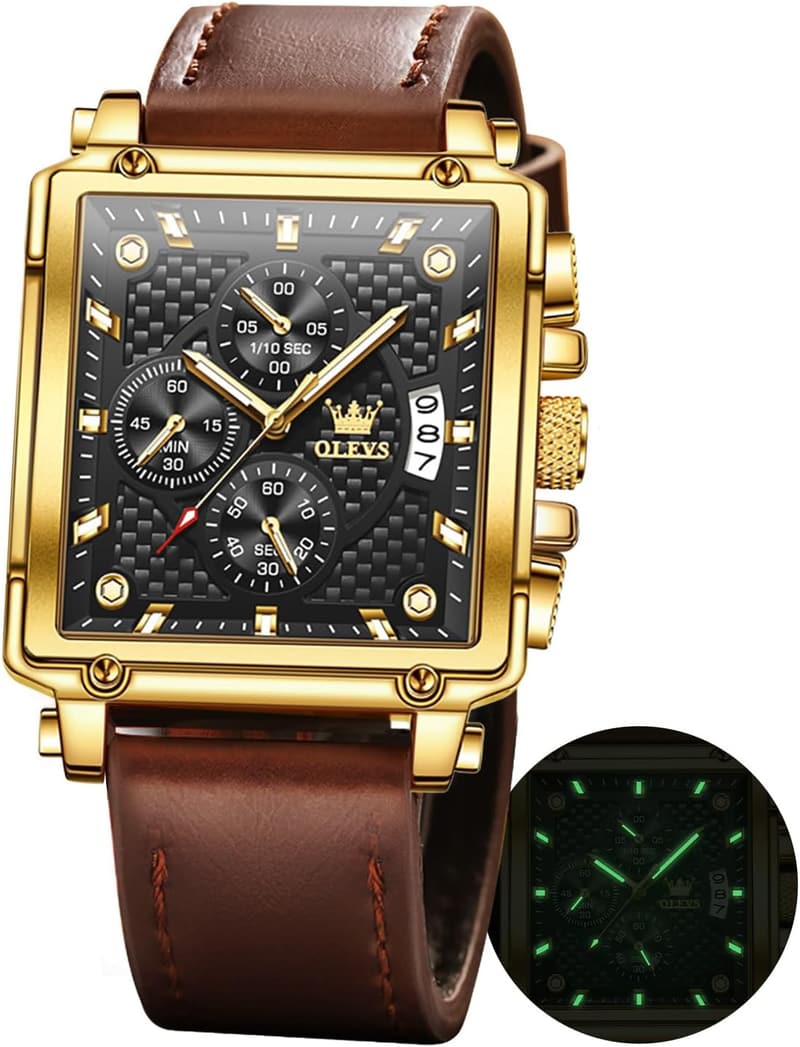 Men's Casual Square Chronograph Watch - Leather, Waterproof, Luminous