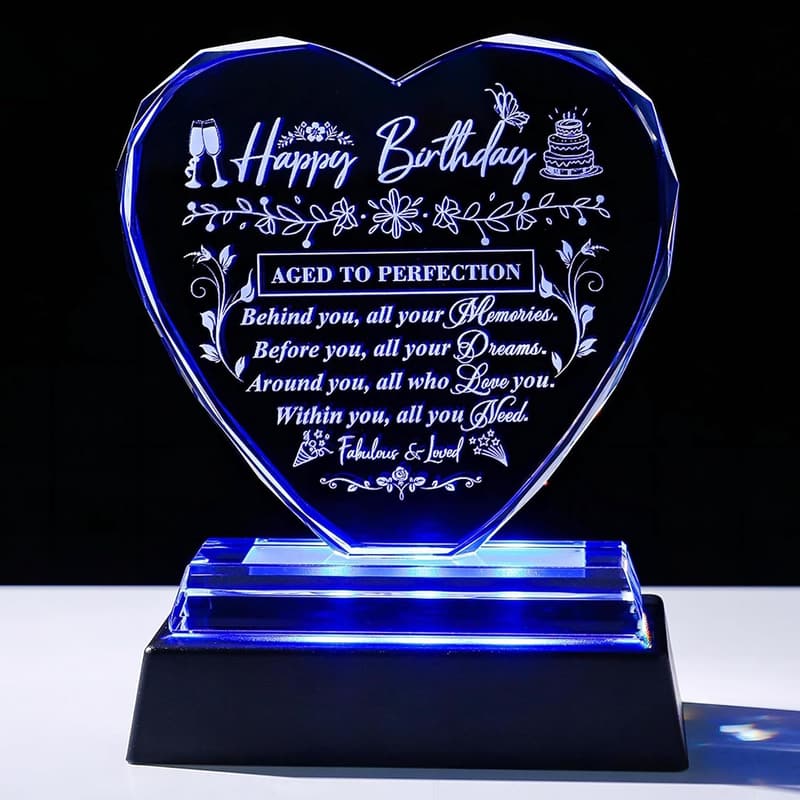Happy Birthday Laser-Etched Glass Heart Gift for Women