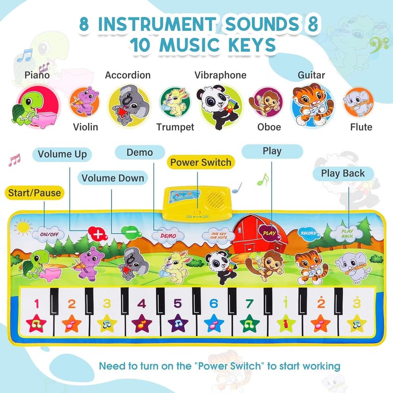 Musical Piano Mat for Toddlers - 8 Instrument Sounds, 39.5