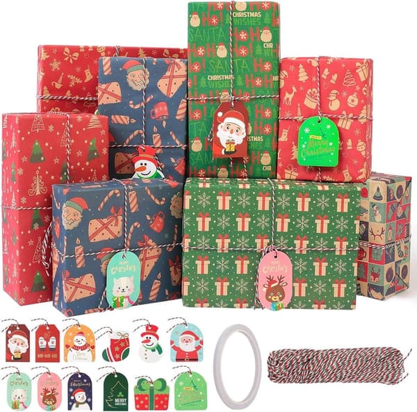 Christmas Kraft Gift Wrapping Paper Set with Tags - 12 Sheets