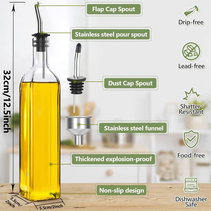 17oz Olive Oil Dispenser with Stainless Steel Pourers & Labels