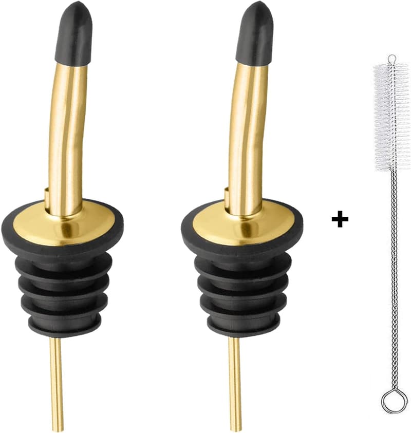 Stainless Steel Liquor Pour Spouts with Dust Caps and Brush (Gold)