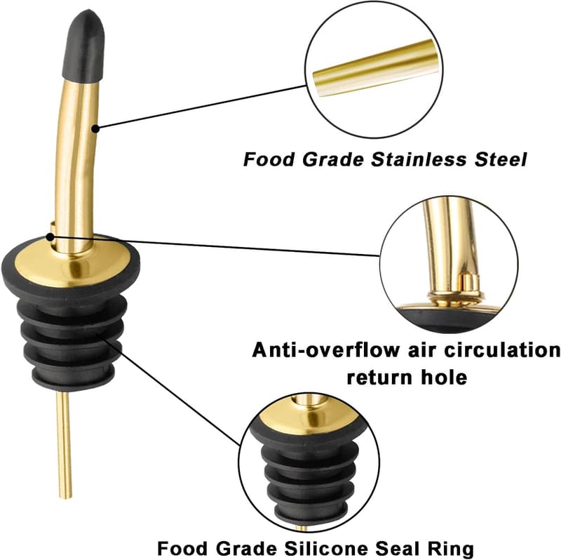 Stainless Steel Liquor Pour Spouts with Dust Caps and Brush (Gold)