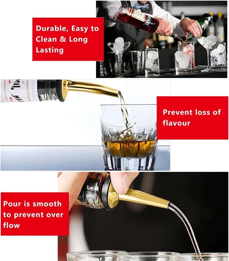 Stainless Steel Liquor Pour Spouts with Dust Caps and Brush (Gold)