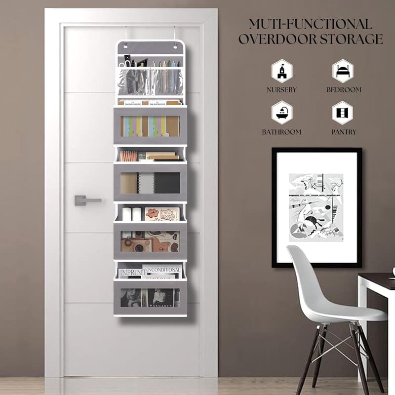 Hanging Over Door Organizer with 4 Large Pockets - Gray