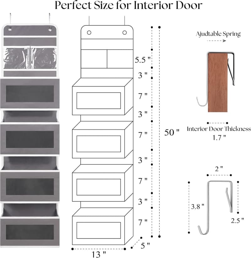Hanging Over Door Organizer with 4 Large Pockets - Gray