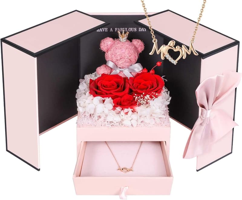 Mom's Birthday Gift Set: Eternal Rose & Necklace with Moss Bear