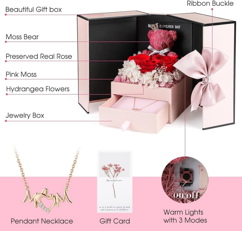Mom's Birthday Gift Set: Eternal Rose & Necklace with Moss Bear