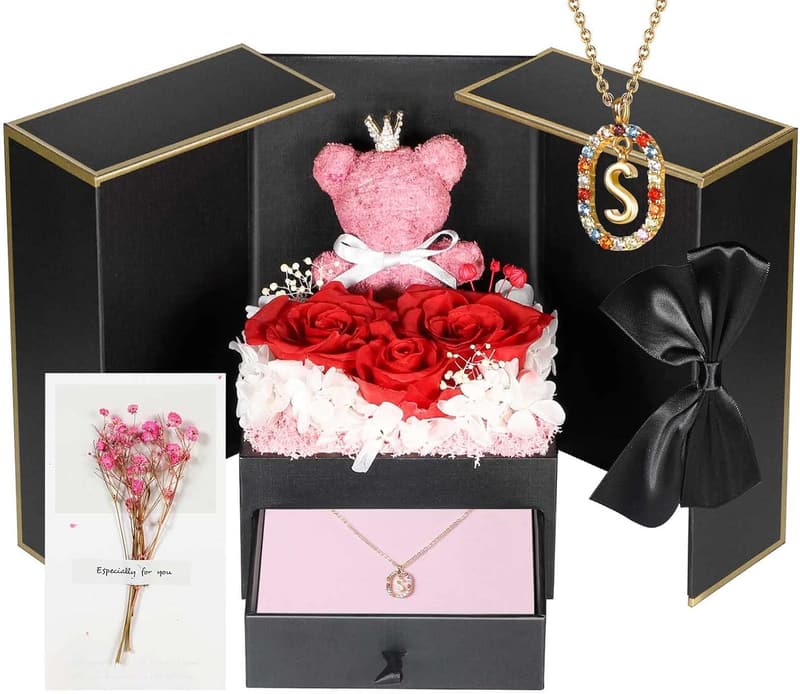 Preserved Rose Bear Gift Box with Initial Necklace for Women