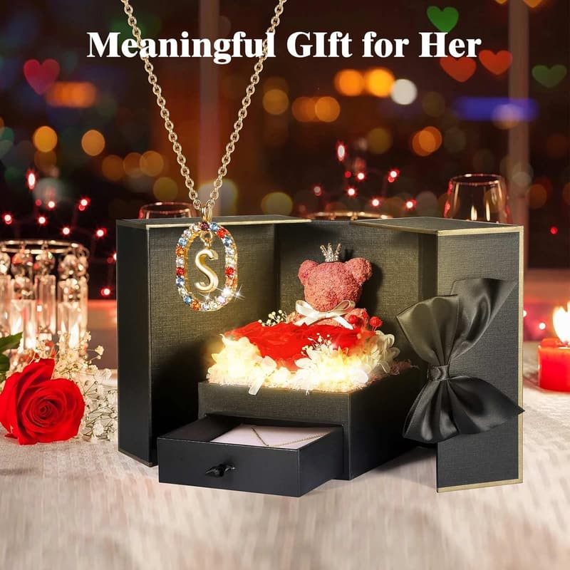 Preserved Rose Bear Gift Box with Initial Necklace for Women