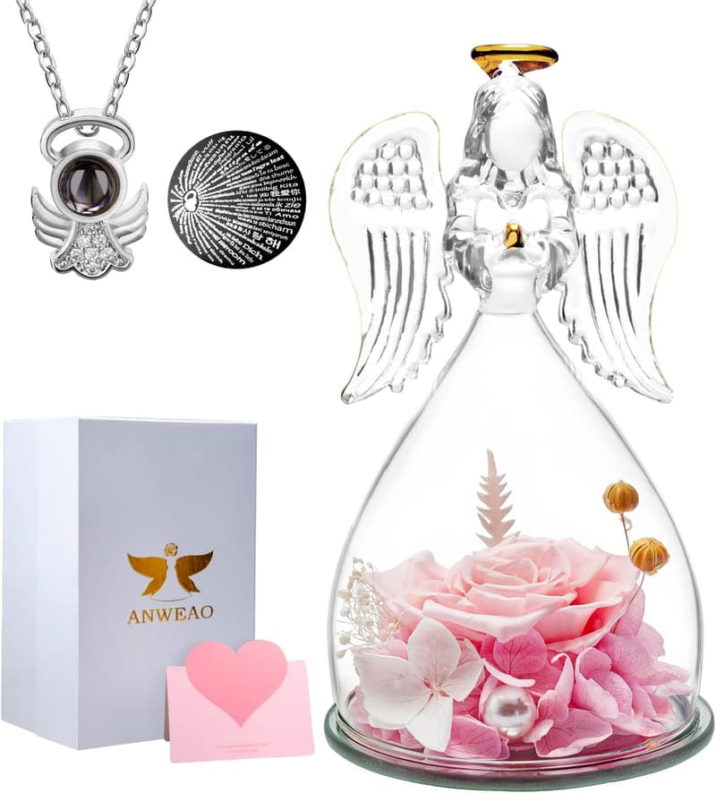Mother's Day Preserved Rose & Angel Necklace for Women