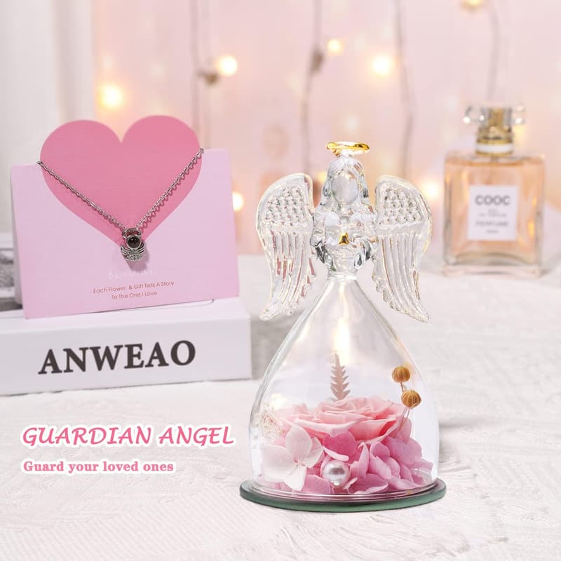 Mother's Day Preserved Rose & Angel Necklace for Women