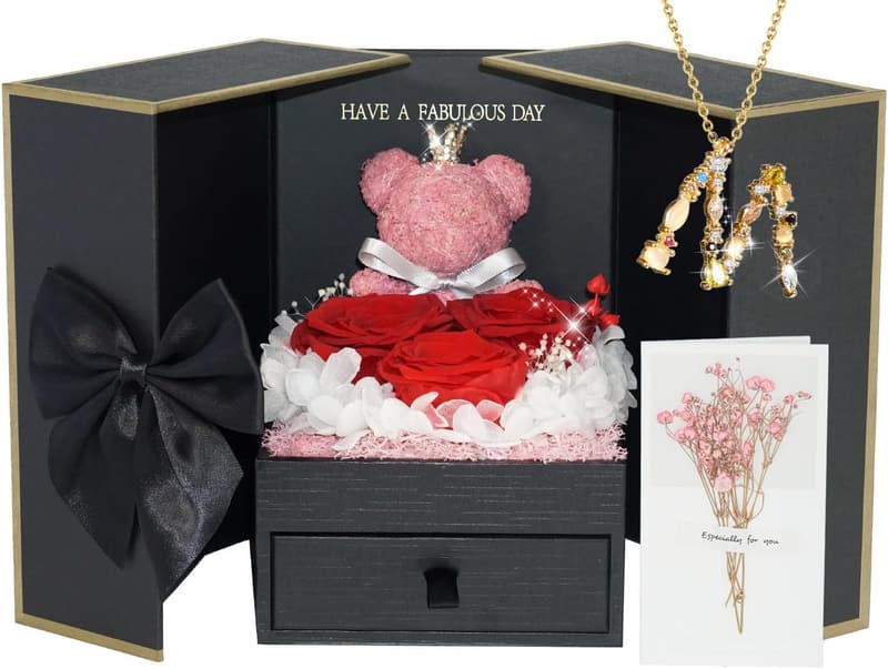 Eternal Preserved Rose with Initial Necklace for Her