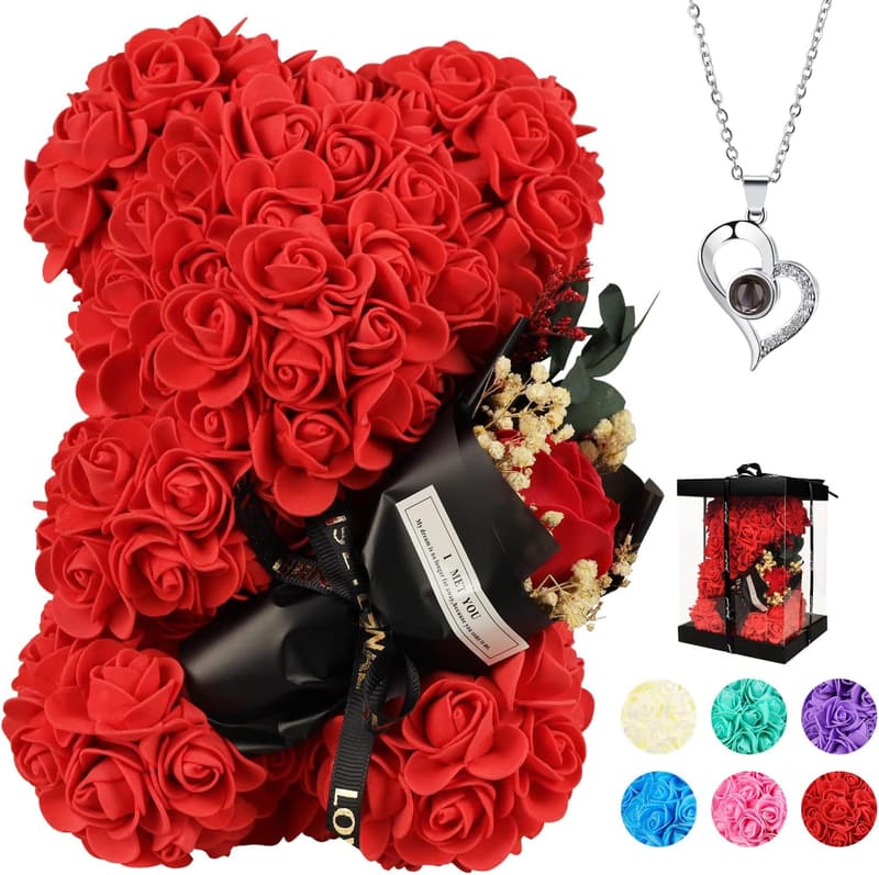 Birthday Rose Bear Gift for Women with Bouquet & Card