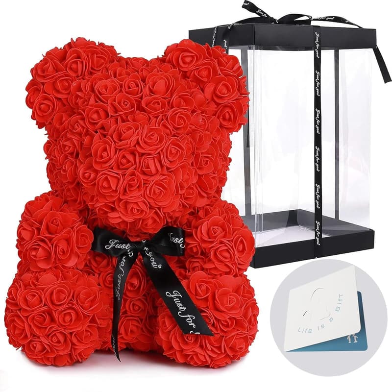 Valentine's Day Rose Teddy Bear - 10-inch Flower Gift for Women