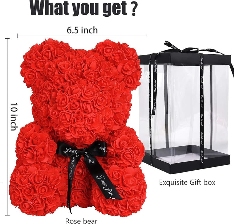 Valentine's Day Rose Teddy Bear - 10-inch Flower Gift for Women