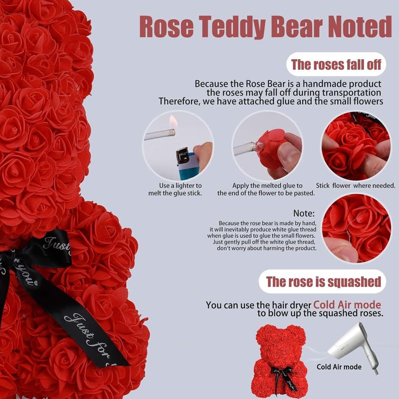 Valentine's Day Rose Teddy Bear - 10-inch Flower Gift for Women