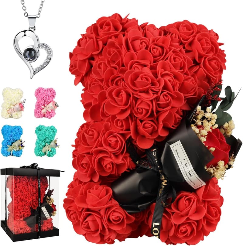 Rose Bear Gift for Mom with I Love You Necklace - Birthday & Mother's Day