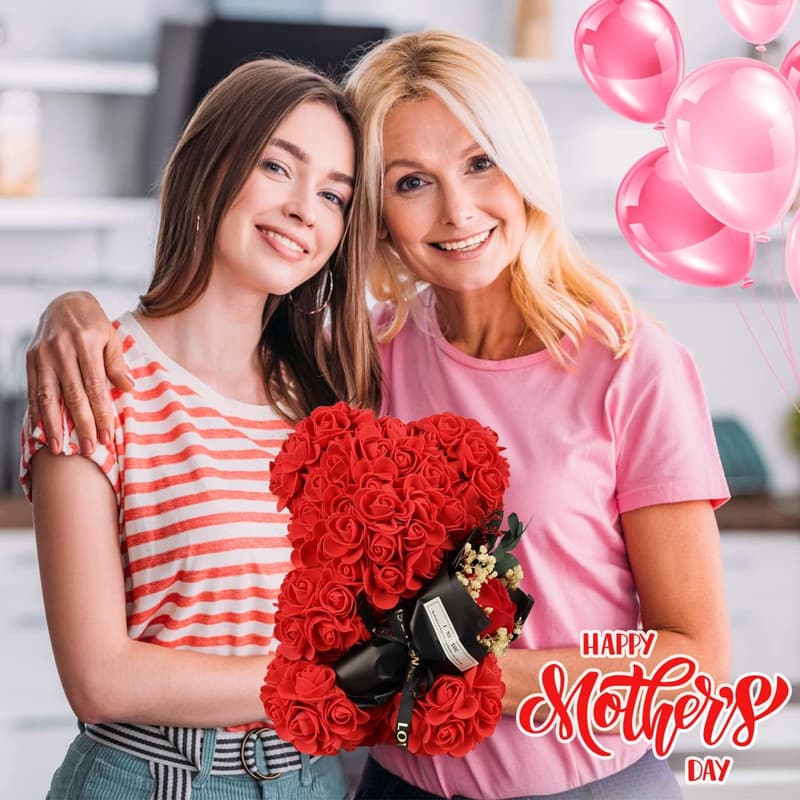 Rose Bear Gift for Mom with I Love You Necklace - Birthday & Mother's Day