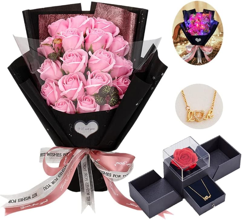 Valentine's Day Preserved Pink Rose Bouquet with Love Necklace