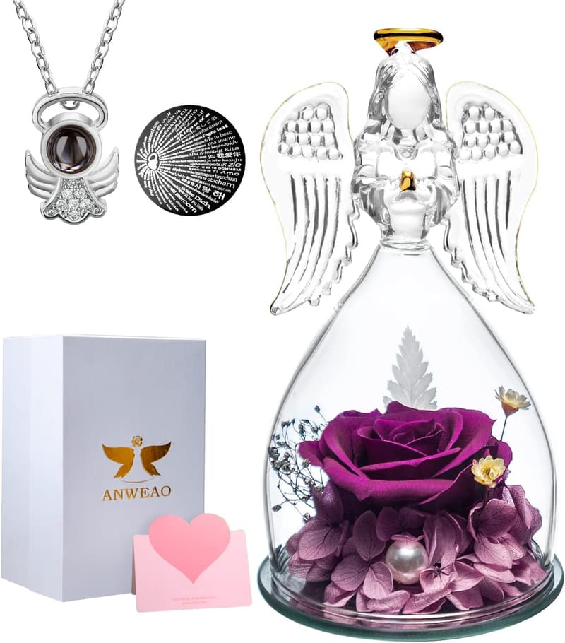 Mother's Day Preserved Rose Gift with Angel Necklace for Mom
