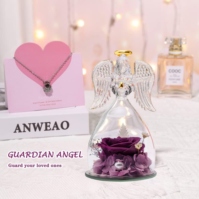 Mother's Day Preserved Rose Gift with Angel Necklace for Mom