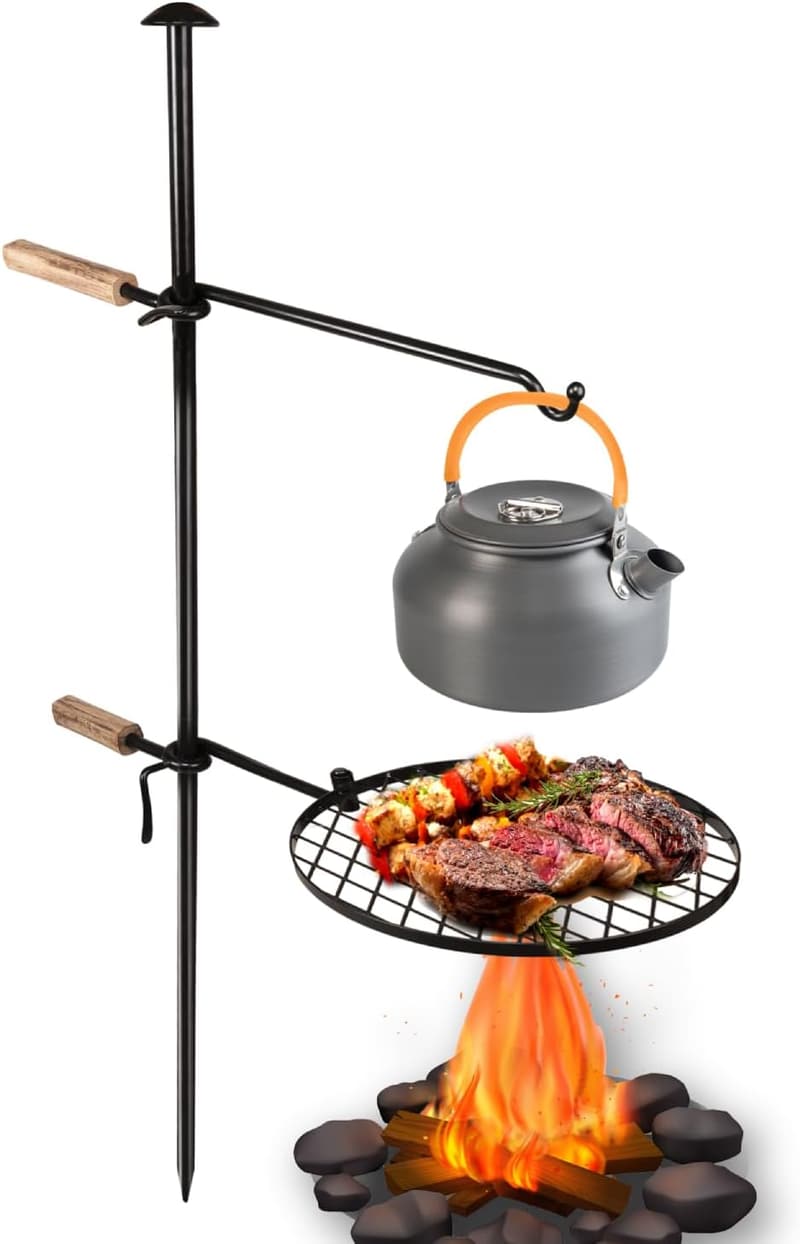 Adjustable Campfire Grill for Camping with Swivel Grate