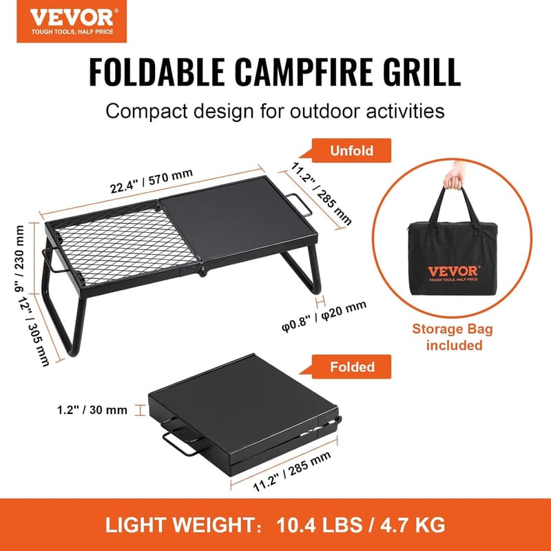 Portable Campfire Grill with Heavy Duty Steel Grate - 22.4