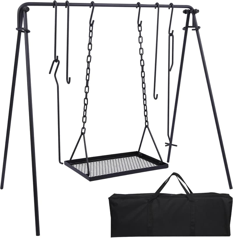 Collapsible Campfire Grill Stand with Iron Grate & Hooks