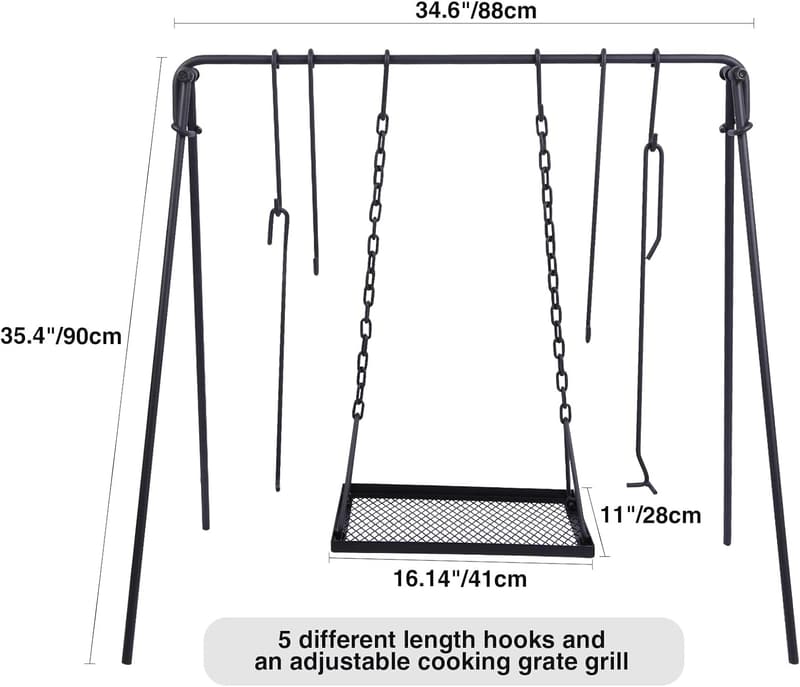 Collapsible Campfire Grill Stand with Iron Grate & Hooks