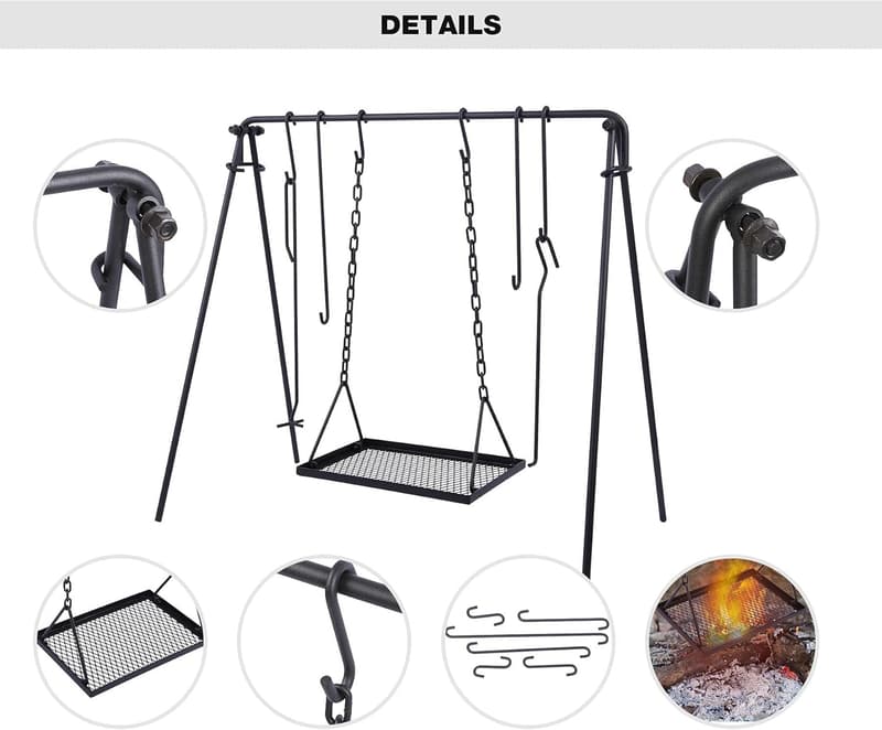 Collapsible Campfire Grill Stand with Iron Grate & Hooks