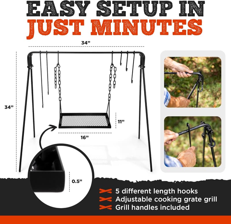 Bruntmor Adjustable Campfire BBQ Grill Stand with Carrying Case