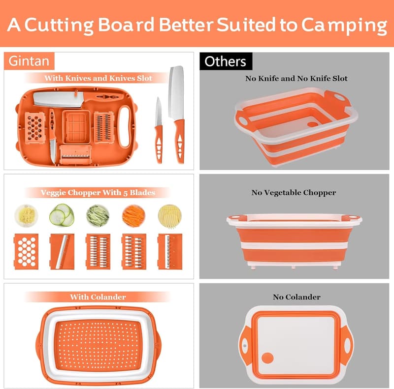 Collapsible Cutting Board with Colander - 9-in-1 Camping Accessory