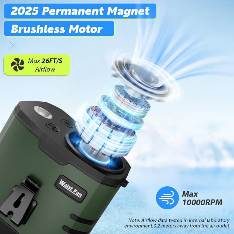 Rechargeable Portable Waist Fan with Flashlight - 35H Runtime