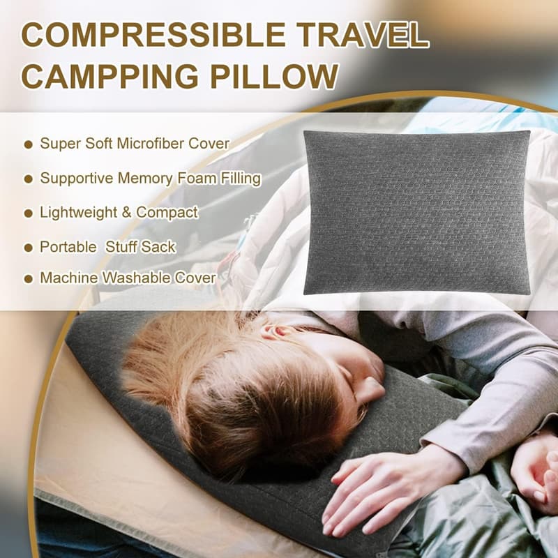 Compressible Memory Foam Camping Travel Pillow - Compact Support