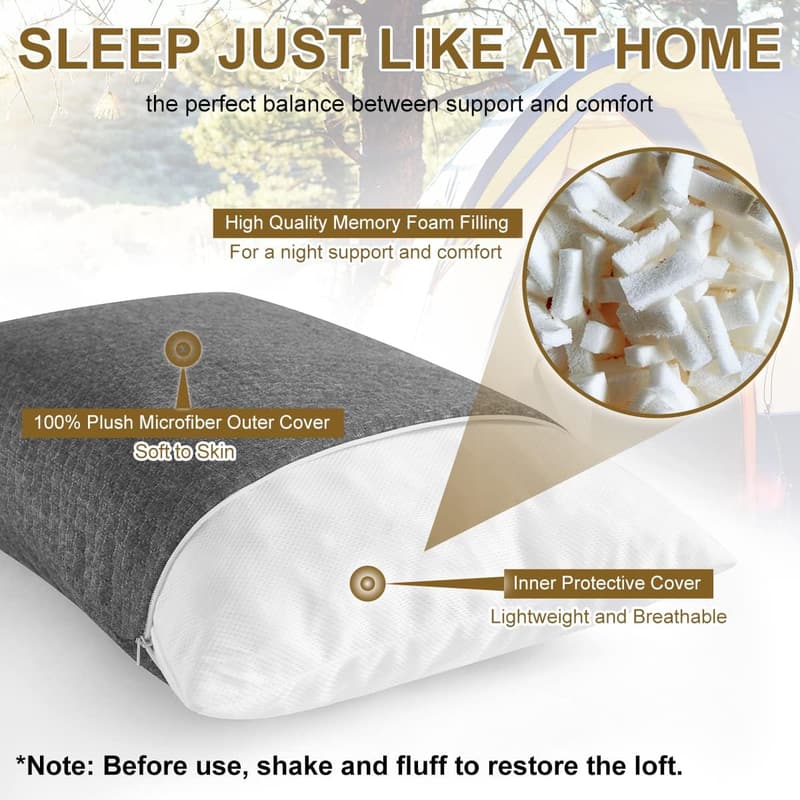 Compressible Memory Foam Camping Travel Pillow - Compact Support