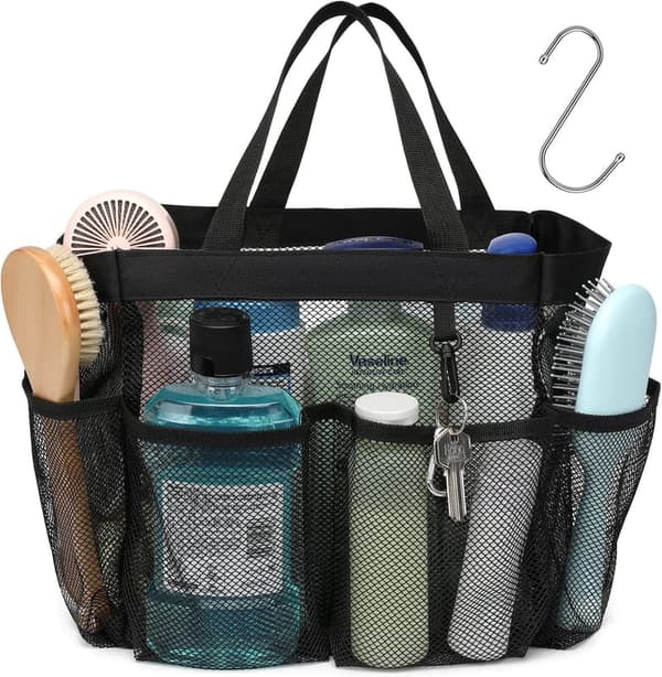 Portable Mesh Shower Caddy with 7 Deep Pockets – Black