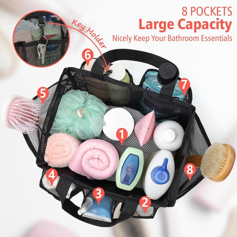 Portable Mesh Shower Caddy with 7 Deep Pockets – Black