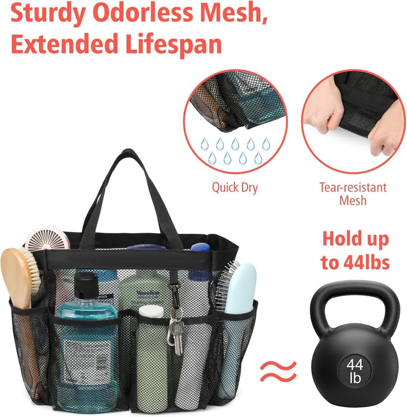 Portable Mesh Shower Caddy with 7 Deep Pockets – Black