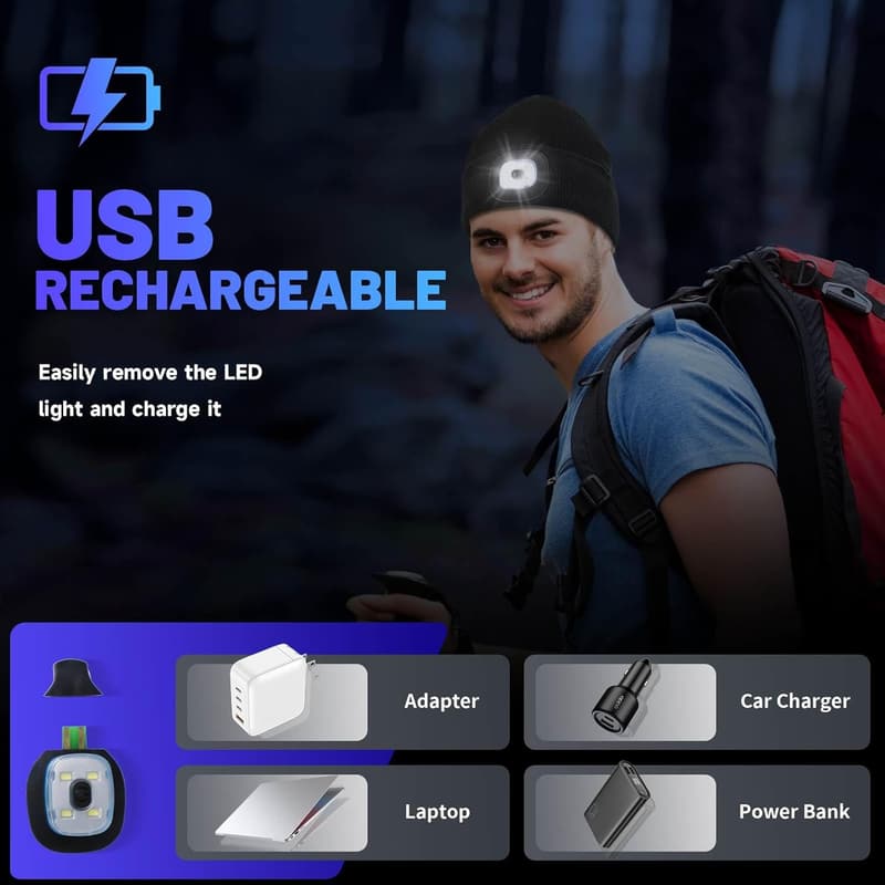 Winter Safety Beanie Hat with Rechargeable LED Light for Men and Women