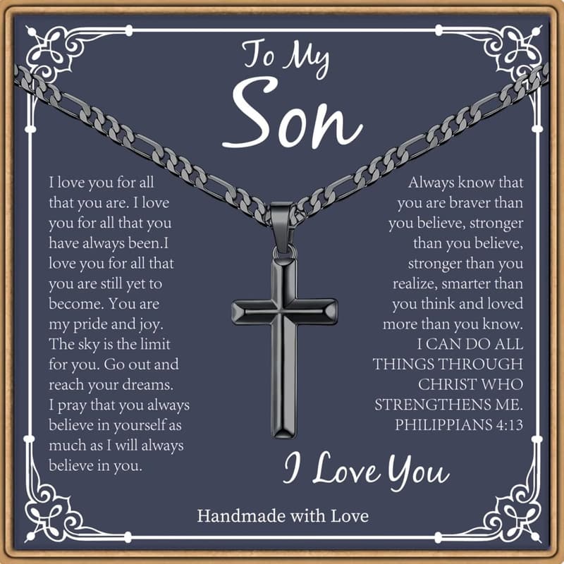 Silver/Black Cross Necklace with Cuban Chain for Him