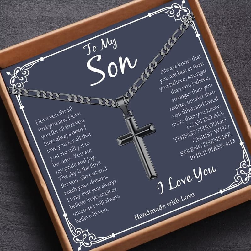 Silver/Black Cross Necklace with Cuban Chain for Him