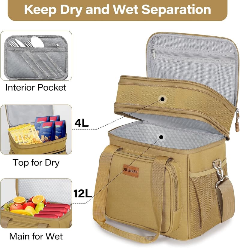 Insulated Large Expandable Lunch Bag for Adults, 16L - Brown