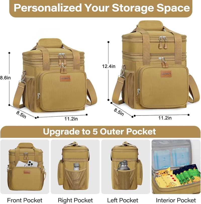 Insulated Large Expandable Lunch Bag for Adults, 16L - Brown